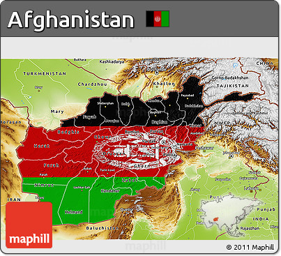 Flag 3D Map of Afghanistan, physical outside, bathymetry sea, flag rotated