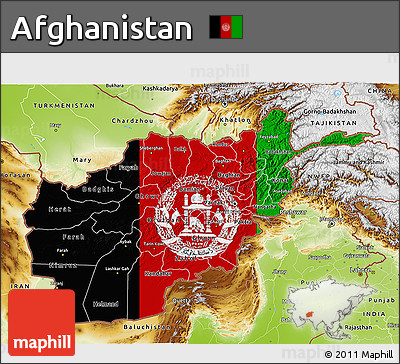 Flag 3D Map of Afghanistan, physical outside, flag centered