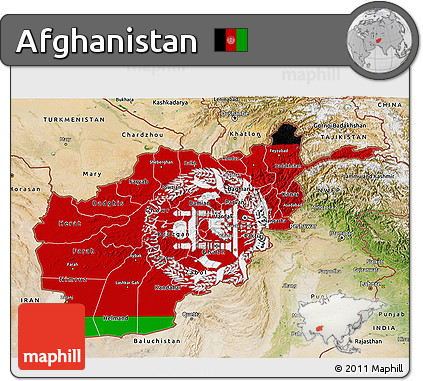 Flag 3D Map of Afghanistan, satellite outside, bathymetry sea, flag aligned to the middle