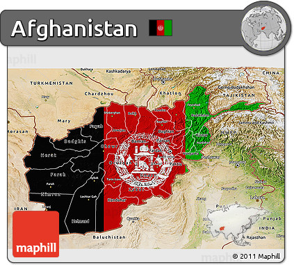 Flag 3D Map of Afghanistan, satellite outside, bathymetry sea