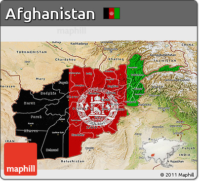 Flag 3D Map of Afghanistan, satellite outside, bathymetry sea