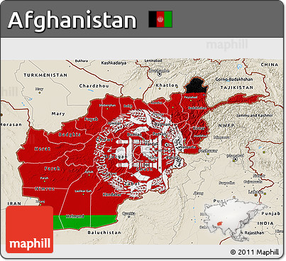 Flag 3D Map of Afghanistan, shaded relief outside, bathymetry sea, flag aligned to the middle