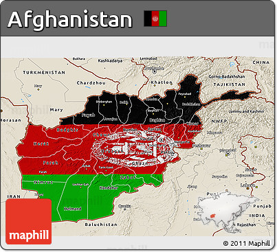 Flag 3D Map of Afghanistan, shaded relief outside, bathymetry sea, flag rotated