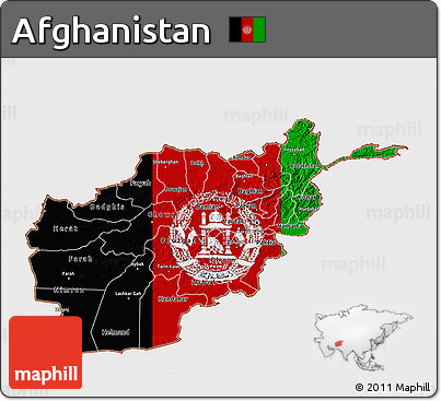 Flag 3D Map of Afghanistan, single color outside, bathymetry sea, flag centered