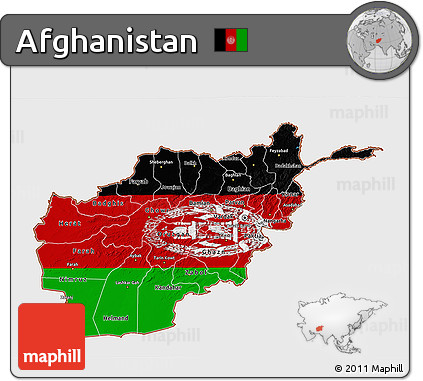 Flag 3D Map of Afghanistan, single color outside, bathymetry sea, shaded relief sea, flag rotated