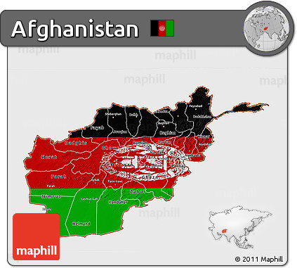 Flag 3D Map of Afghanistan, single color outside, satellite sea, flag rotated