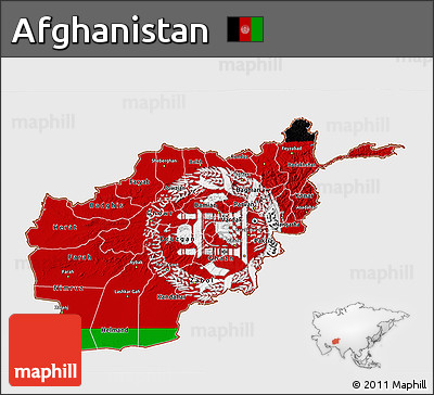 Flag 3D Map of Afghanistan, single color outside, shaded relief sea, flag aligned to the middle