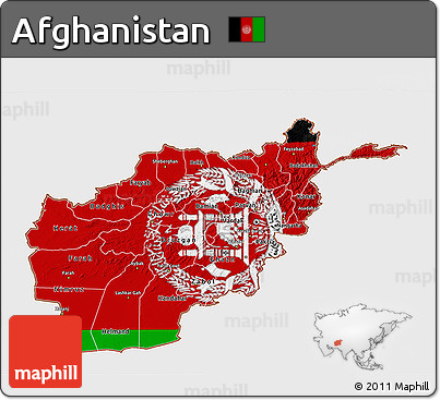 Flag 3D Map of Afghanistan, single color outside, shaded relief sea, flag aligned to the middle