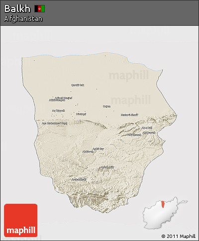 Shaded Relief Panoramic Map of Balkh, single color outside