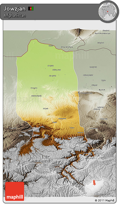 Physical 3D Map of Jowzjan, semi-desaturated