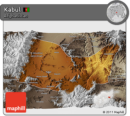 Physical 3D Map of Kabul, semi-desaturated