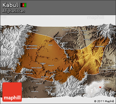 Physical 3D Map of Kabul, semi-desaturated