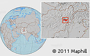 Gray Location Map of Kabul, hill shading