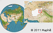 Satellite Location Map of Kabul, highlighted country, within the entire country