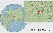 Savanna Style Location Map of Kabul, hill shading