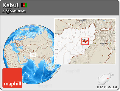Shaded Relief Location Map of Kabul, highlighted country