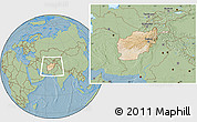 Satellite Location Map of Afghanistan, savanna style outside, hill shading