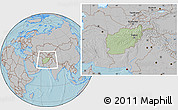 Savanna Style Location Map of Afghanistan, gray outside, hill shading