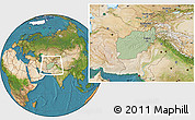 Savanna Style Location Map of Afghanistan, satellite outside, hill shading