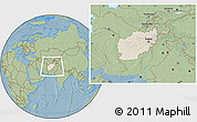 Shaded Relief Location Map of Afghanistan, savanna style outside, hill shading