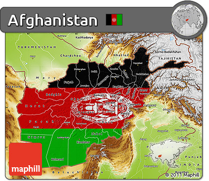 Flag Map of Afghanistan, physical outside, flag rotated