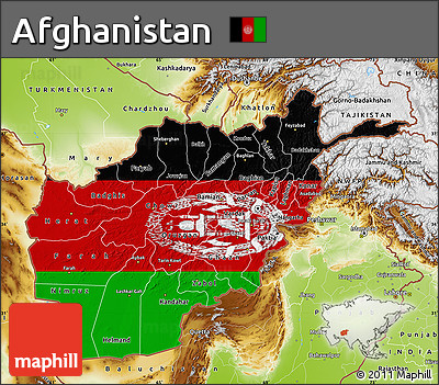 Flag Map of Afghanistan, physical outside, flag rotated