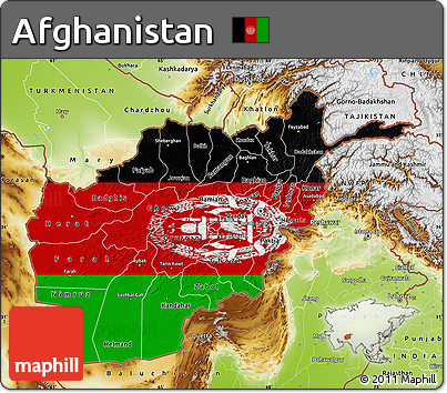 Flag Map of Afghanistan, physical outside, flag rotated