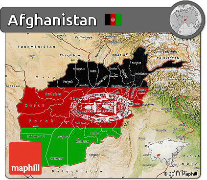 Flag Map of Afghanistan, satellite outside, bathymetry sea, flag rotated