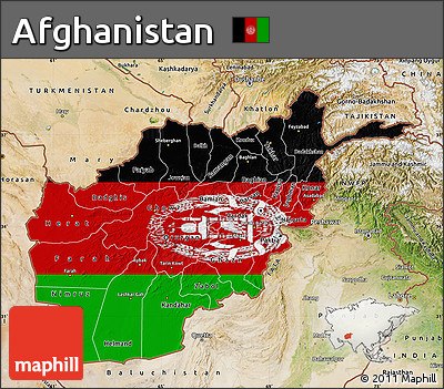 Flag Map of Afghanistan, satellite outside, bathymetry sea, flag rotated