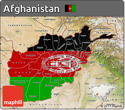 Flag Map of Afghanistan, satellite outside, bathymetry sea, flag rotated