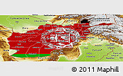 Flag Panoramic Map of Afghanistan, physical outside, bathymetry sea, flag aligned to the middle