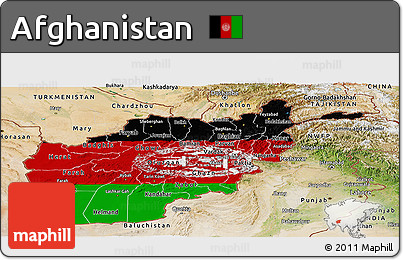 Flag Panoramic Map of Afghanistan, satellite outside, bathymetry sea, flag rotated