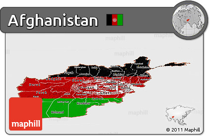 Flag Panoramic Map of Afghanistan, single color outside, shaded relief sea, flag rotated
