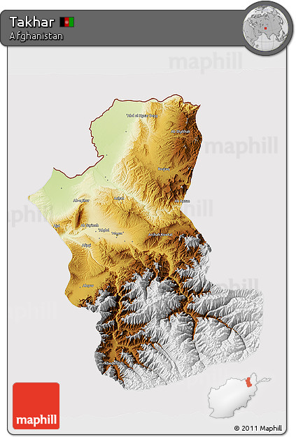 Physical 3D Map of Takhar, cropped outside
