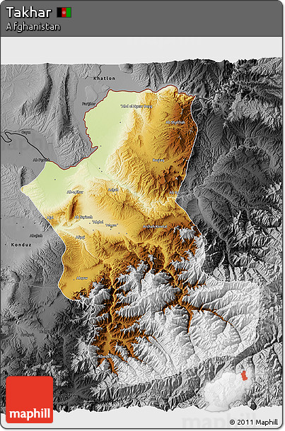 Physical 3D Map of Takhar, darken, desaturated