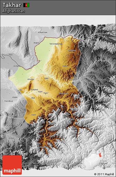 Physical 3D Map of Takhar, desaturated