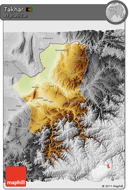 Physical 3D Map of Takhar, desaturated