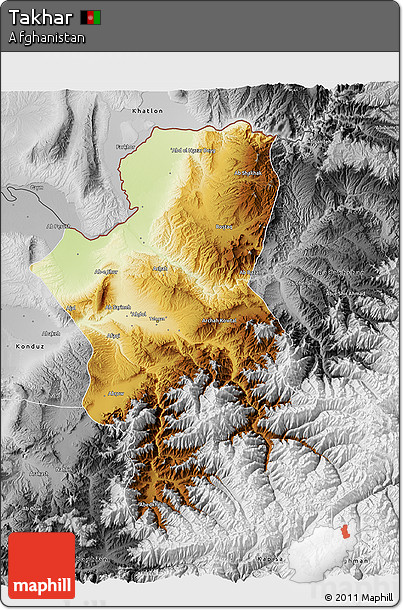 Physical 3D Map of Takhar, desaturated
