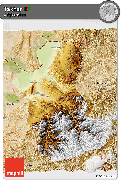 Physical 3D Map of Takhar, satellite outside