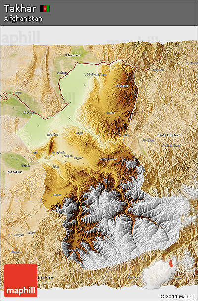 Physical 3D Map of Takhar, satellite outside