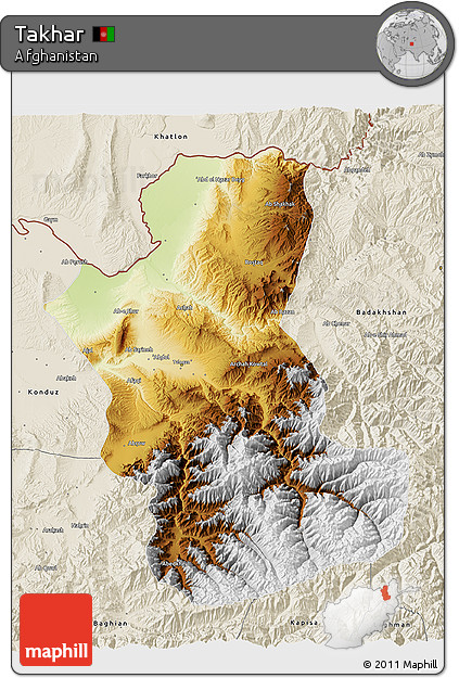 Physical 3D Map of Takhar, shaded relief outside