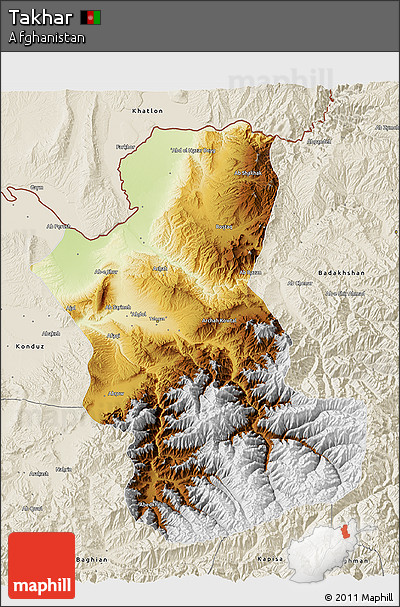 Physical 3D Map of Takhar, shaded relief outside