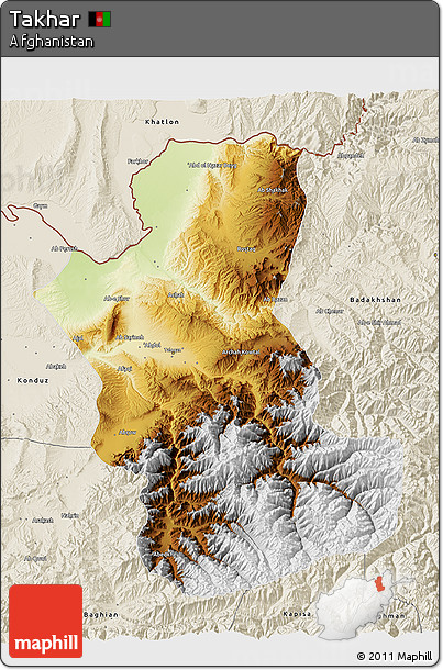 Physical 3D Map of Takhar, shaded relief outside