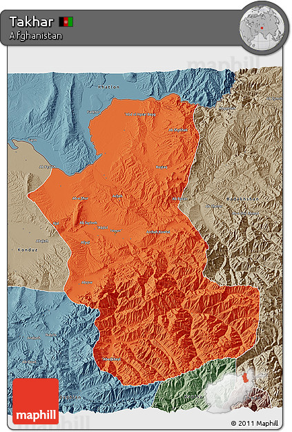 Political 3D Map of Takhar, semi-desaturated