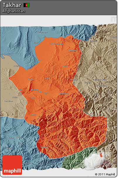 Political 3D Map of Takhar, semi-desaturated