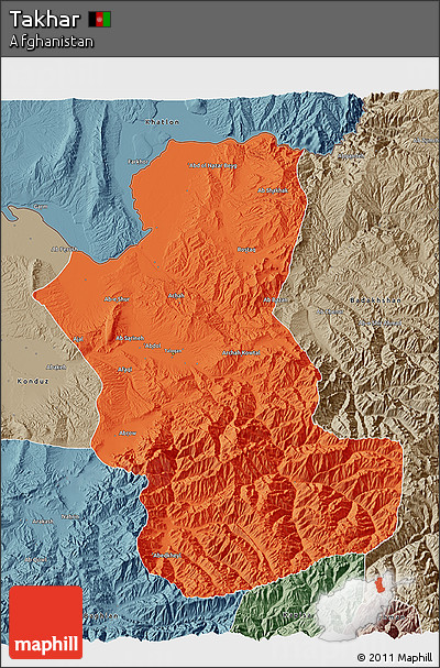 Political 3D Map of Takhar, semi-desaturated