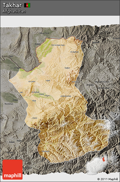 Satellite 3D Map of Takhar, darken, semi-desaturated