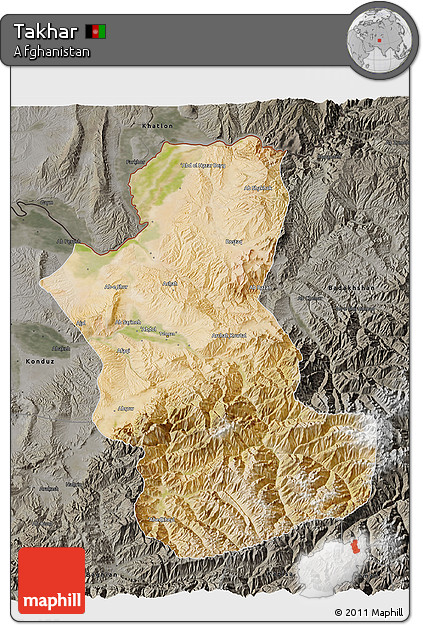 Satellite 3D Map of Takhar, darken, semi-desaturated