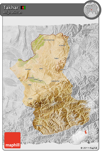 Satellite 3D Map of Takhar, lighten, desaturated