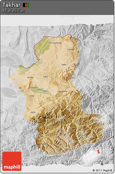 Satellite 3D Map of Takhar, lighten, desaturated